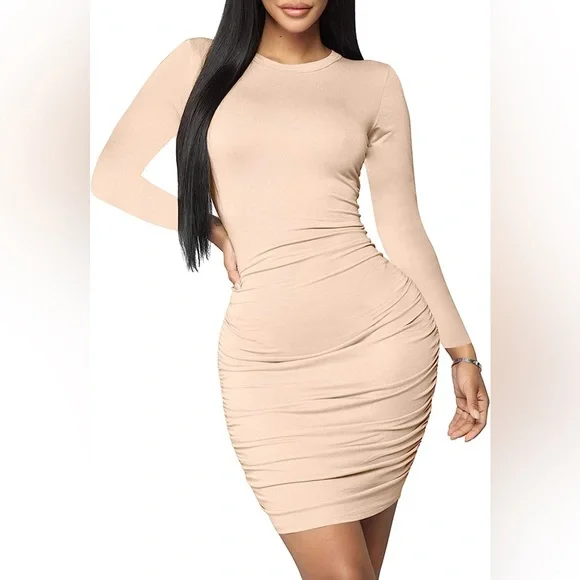 Women's Nude Sexy Basic Elegant Long Sleeve Ruched Bodycon Club Party Mini Dress - Picture 3 of 4
